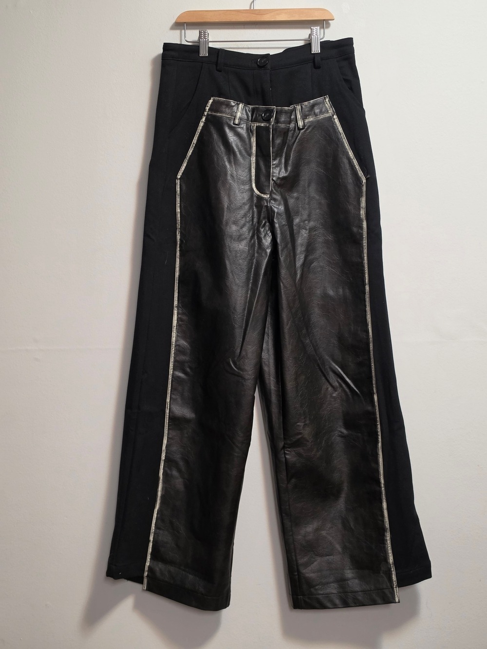 Lonslan Black Mixed-Material Pants with Leather Front Panel